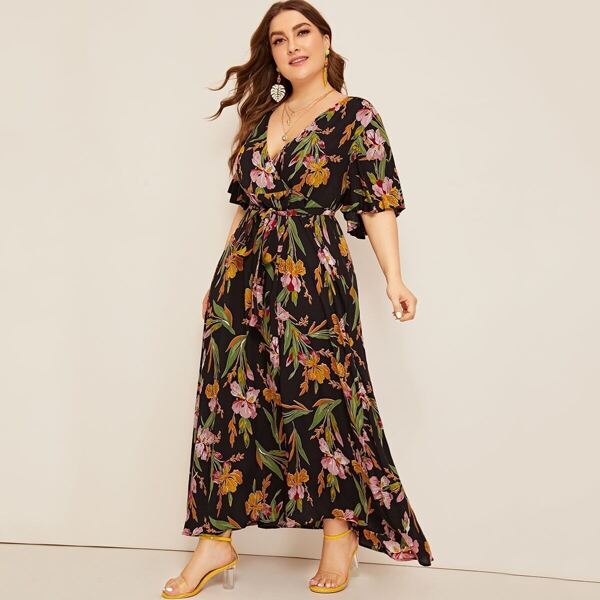 

Plus Surplice Wrap Botanical Dress, Multicolor
