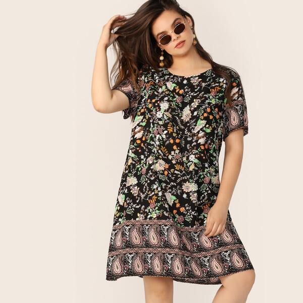 

Plus Floral & Paisley Print Tunic Dress, Multicolor
