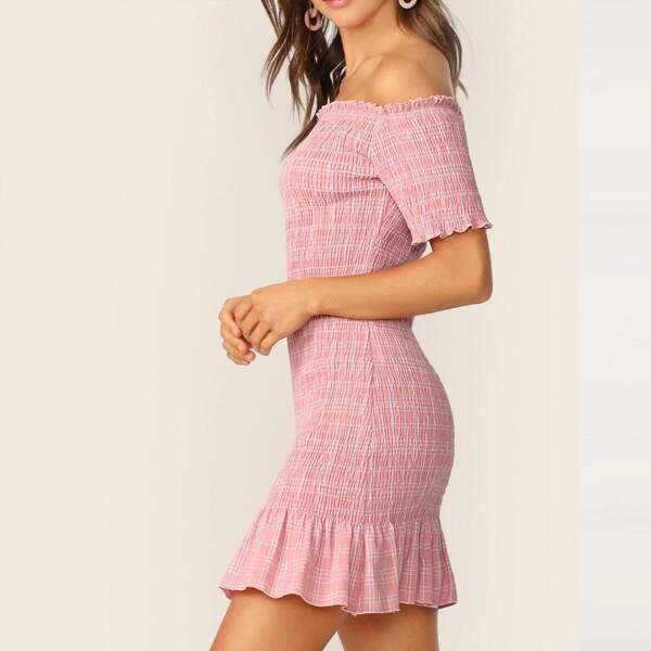 

Off Shoulder Frill Trim Ruffle Hem Shirred Dress, Pink