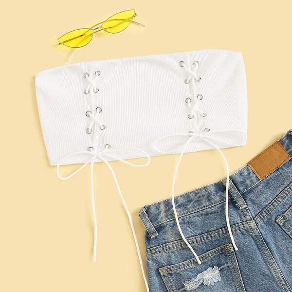 

Lace Up Rib-knit Crop Bandeau