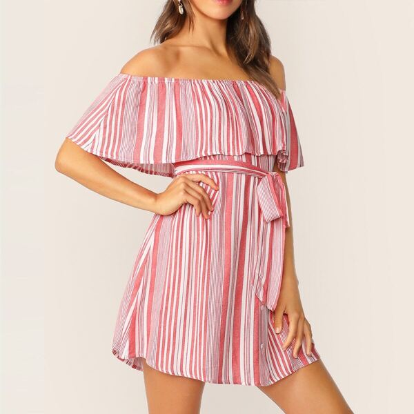 

Striped Off Shoulder Belted Dress, Multicolor