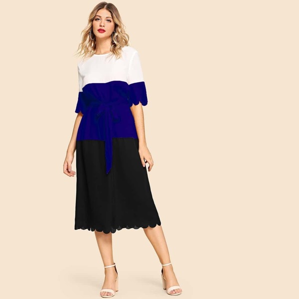 

Scallop Edge Colorblock Self Belted Combo Dress, Multicolor