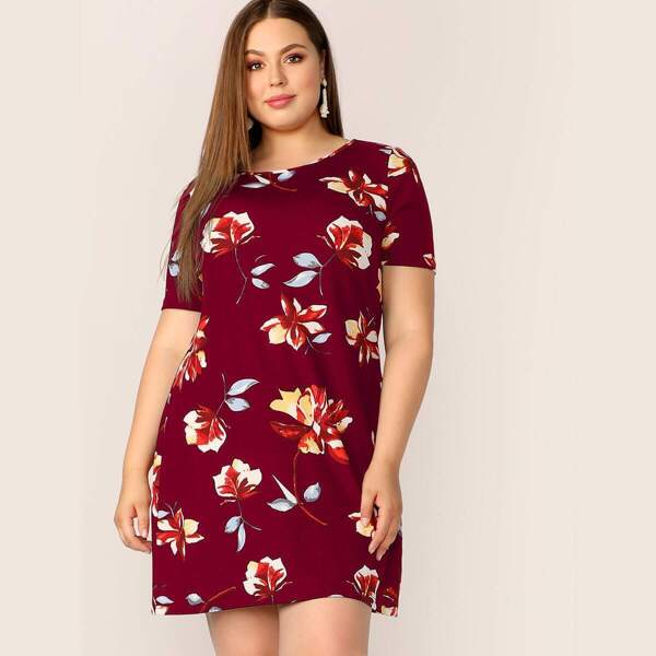 

Plus Round Neck Floral Print Dress, Burgundy
