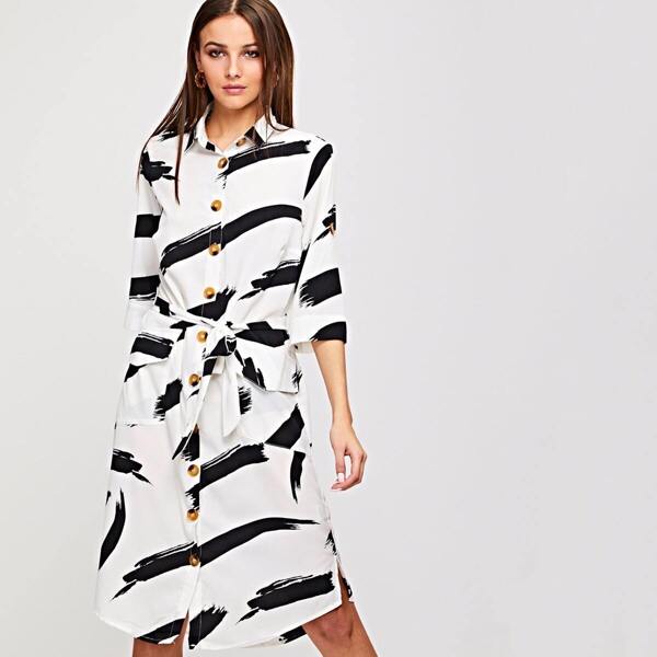 

Brush Stroke Print Flap Pocket Detail Belted Shirt Dress, Black and white