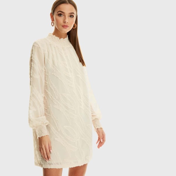 

Shirred Stand Neck Frayed Trim Dress, Beige