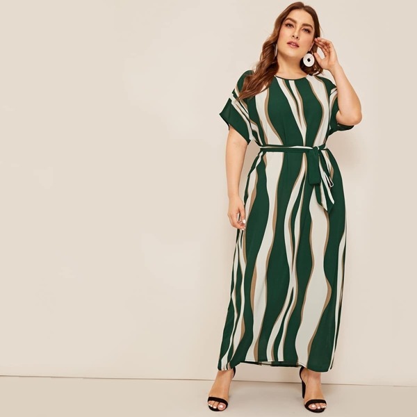 

Plus Striped Self Belted Batwing Sleeve Dress, Multicolor