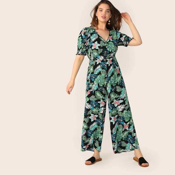 

Plus Shirred Puff Sleeve Wide Leg Tropical Jumpsuit, Multicolor
