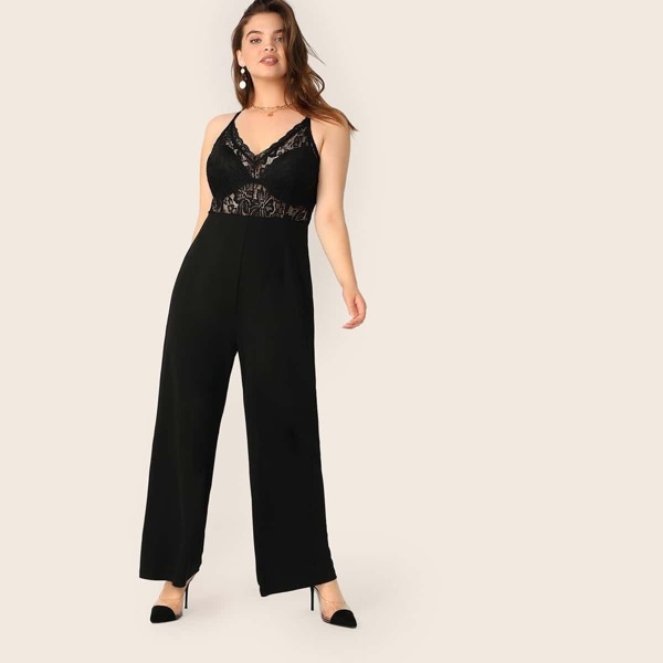 

Plus Guipure Lace Insert Wide Leg Jumpsuit Without Bra