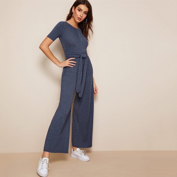 

Tie Waist Heather Knit Wide Leg Jumpsuit, Navy