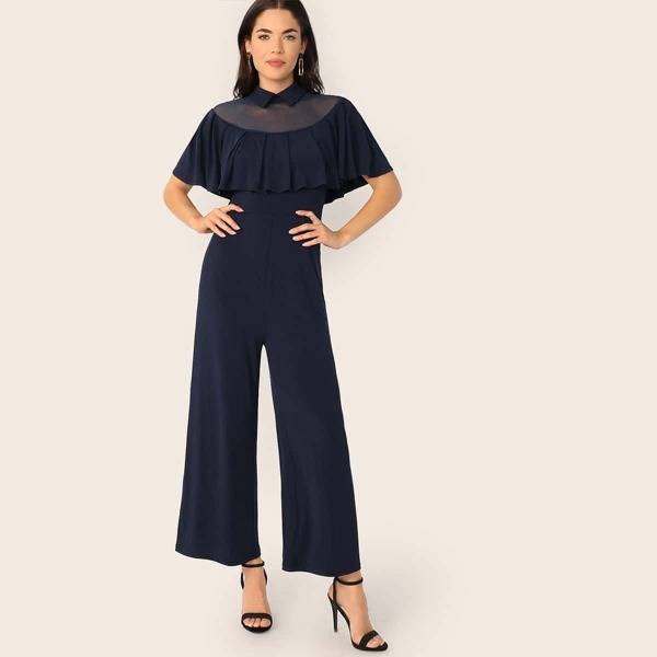 

Mesh Yoke Ruffle Trim Wide Leg Jumpsuit