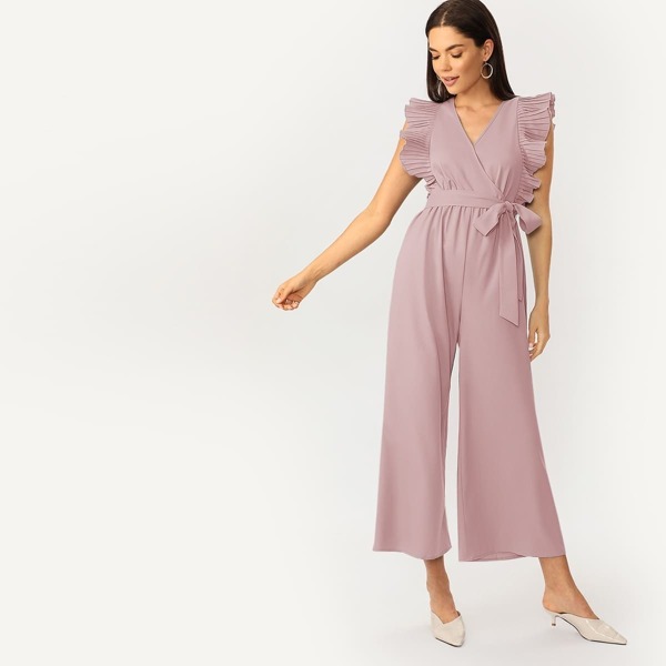 

Pleated Ruffle Trim Belted Culotte Jumpsuit, Pink