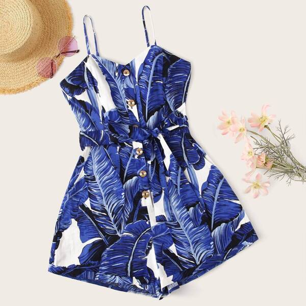 

Jungle Leaf Print Button Up Belted Romper, Navy