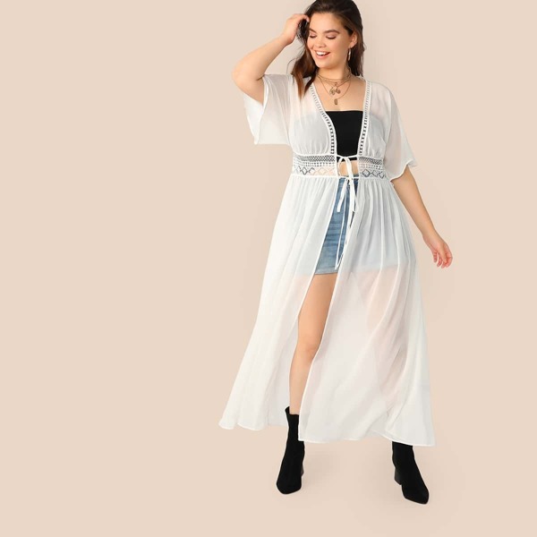 

Plus Knot Waist Lace Insert Kimono, White