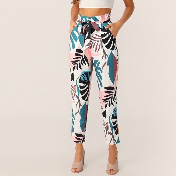 

Tropical Wide Band Waist Self Belt Pants, Multicolor