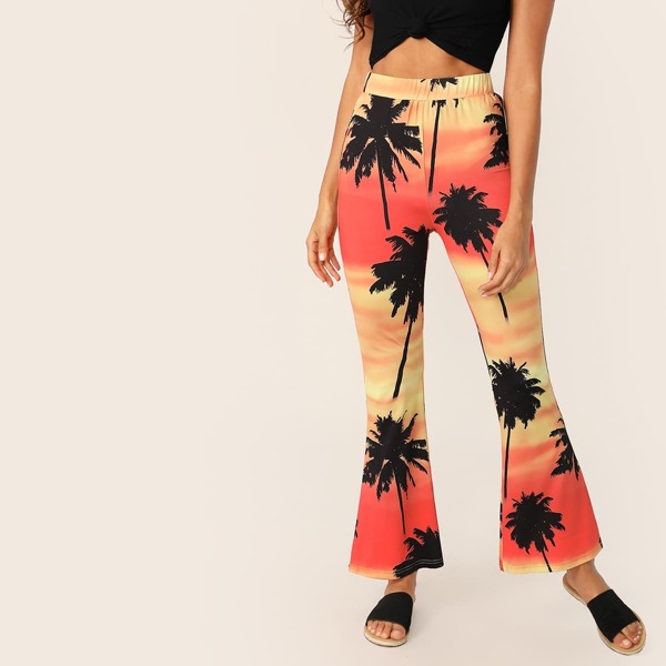 

Elastic Waist Coconut Tree Print Flare Leg Pants, Multicolor