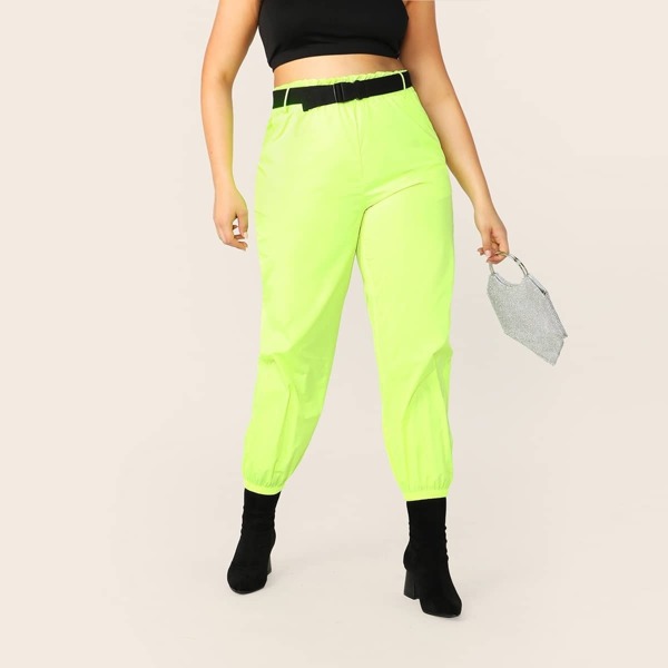 

Plus Neon Lime Push Buckle Belted Tapered Pants, Green bright