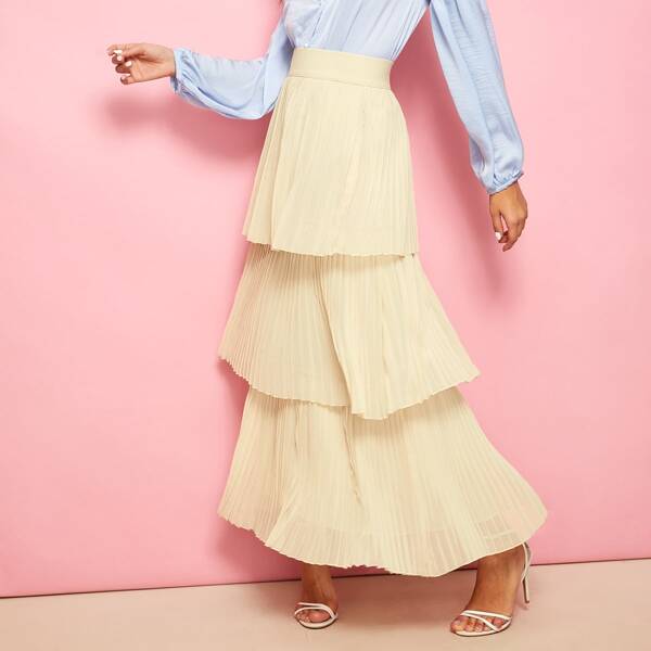 

Solid Pleated Layered Maxi Skirt