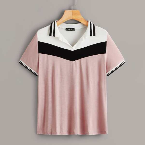 

Striped Collar Colorblock Tee