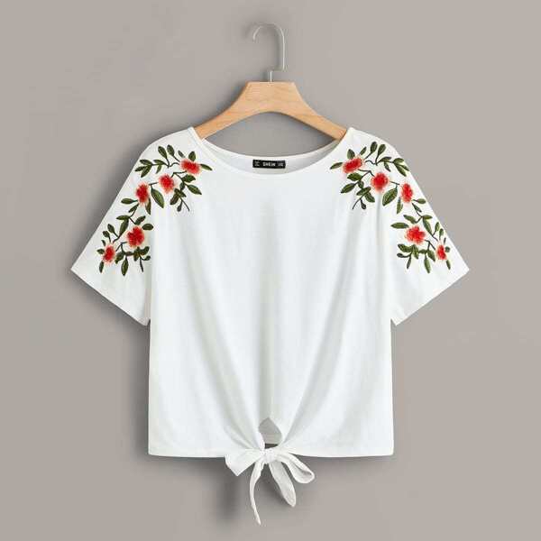 

Plus Floral Embroidered Tie Front Tee, White