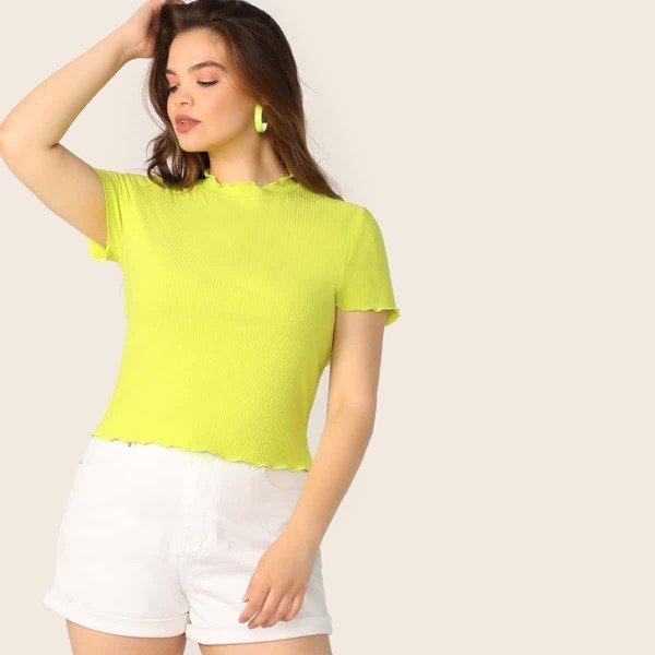 

Plus Neon Yellow Rib-Knit Frill Trim Top