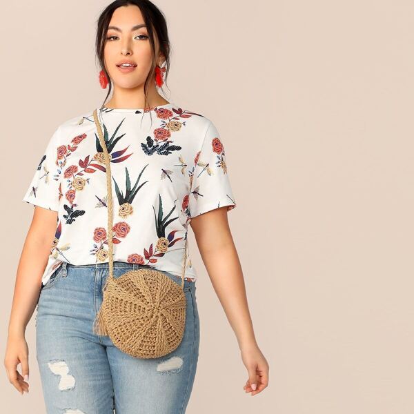 

Plus Botanical Print Round Neck Top, Multicolor
