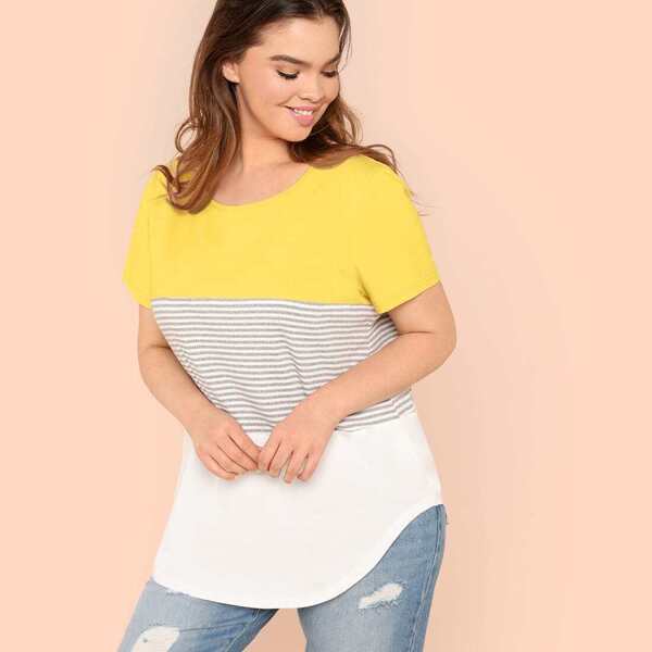 

Plus Curved Hem Striped Colorblock Tee, Multicolor