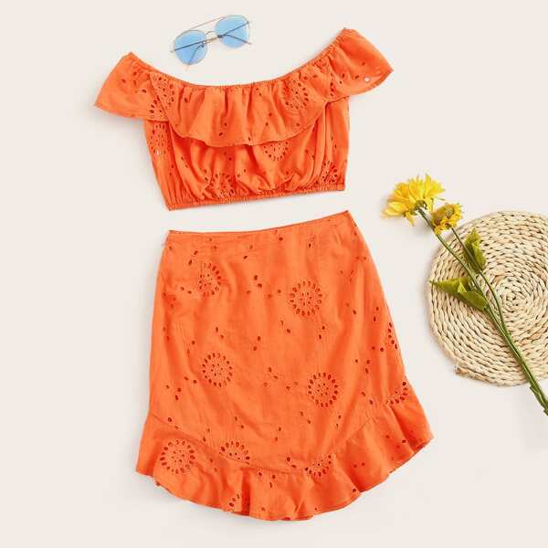 

Flounce Layered Neck Crop Eyelet Insert Top & Skirt Set, Orange bright
