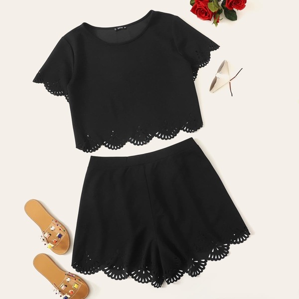 

Plus Scalloped Laser Cut Top & Shorts Set, Black