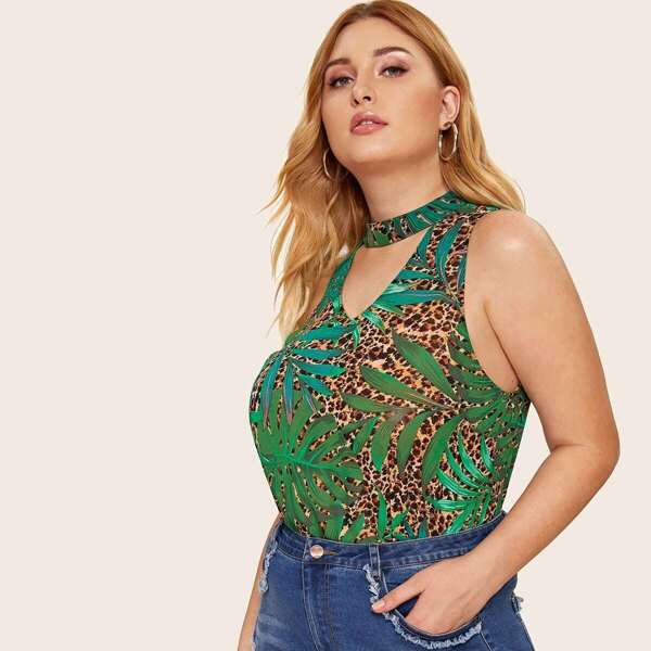 

Plus Tropical and Leopard Print Choker Neck Top, Green
