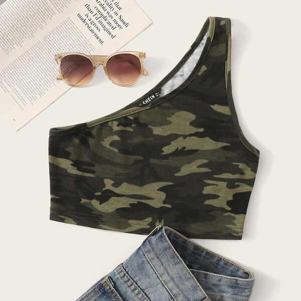 

One Shoulder Camo Crop Tank Top, Multicolor
