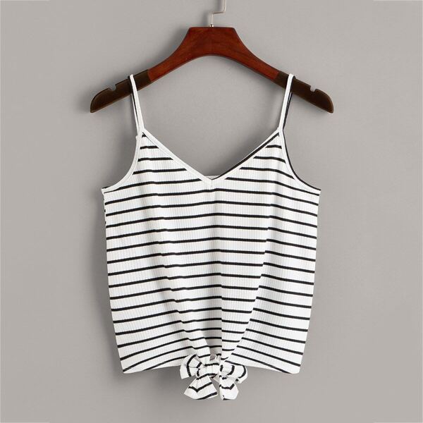 

Tie Front Striped Rib-knit Cami Top, Black and white