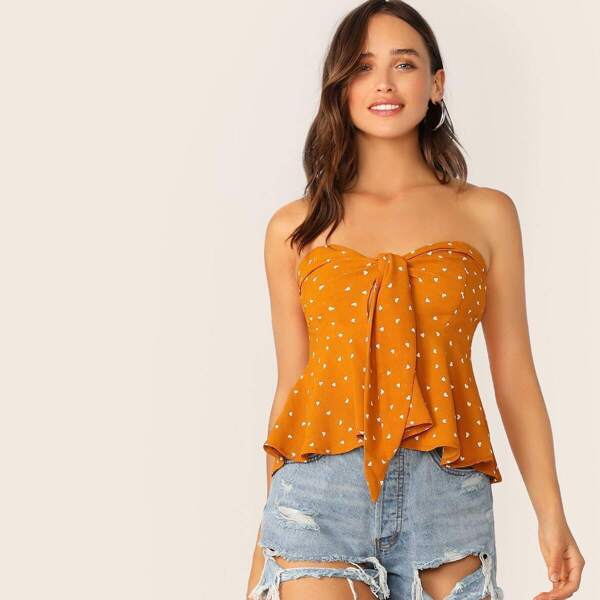 

Heart Print Tie Front Bandeau Peplum Top, Orange