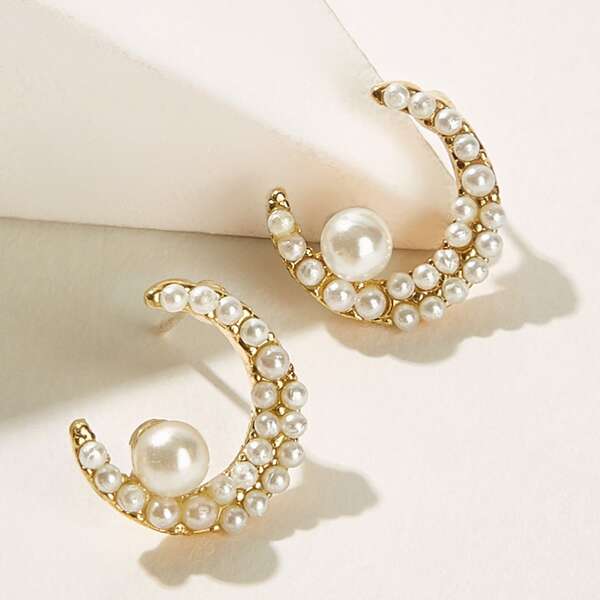 

Faux Pearl Decor Moon Shaped Stud Earrings 1pair, Gold