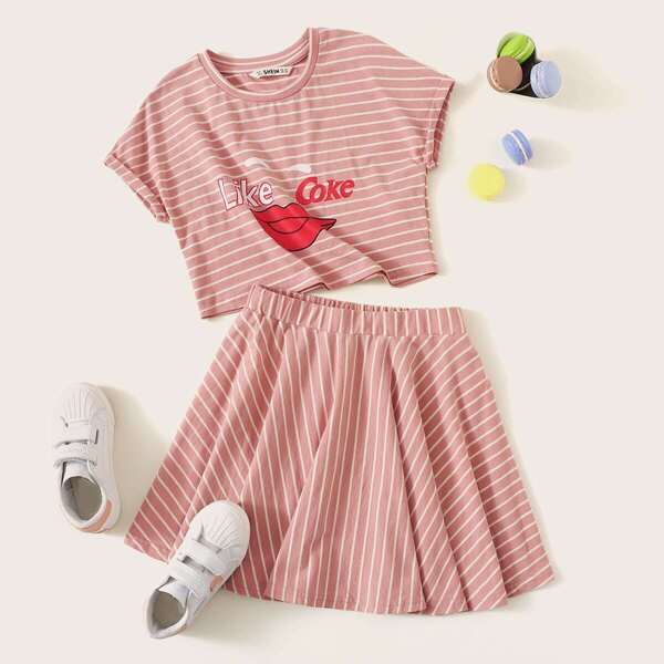 

Girls Rolled Cuff Top and Elastic Waist Skirt Set