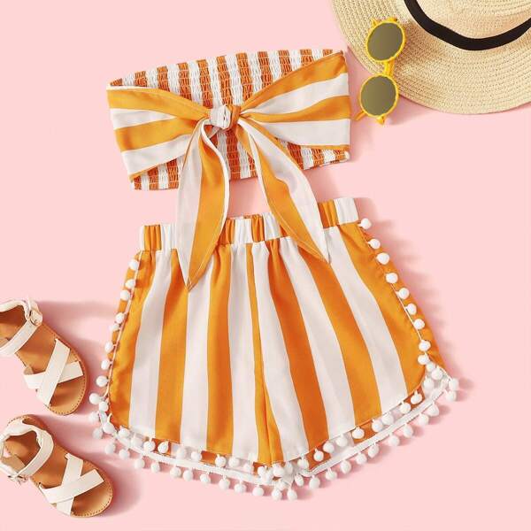 

Girls Knot Shirred Bandeau and Pompom Shorts Set