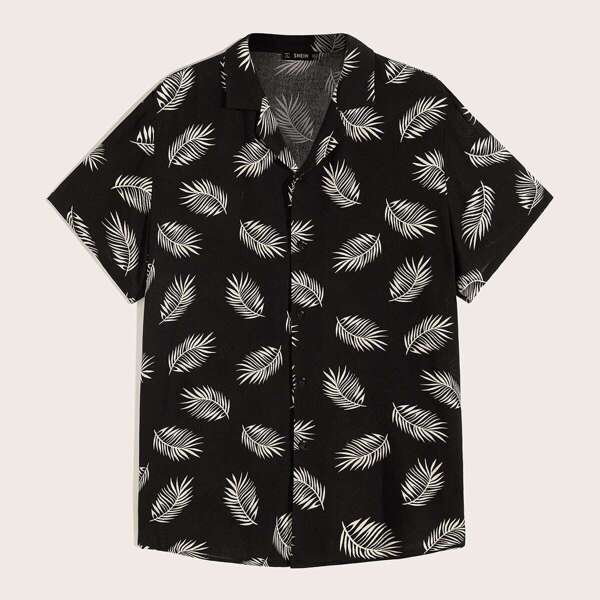 

Men Revere Collar Leaves Print Shirt, Black and white