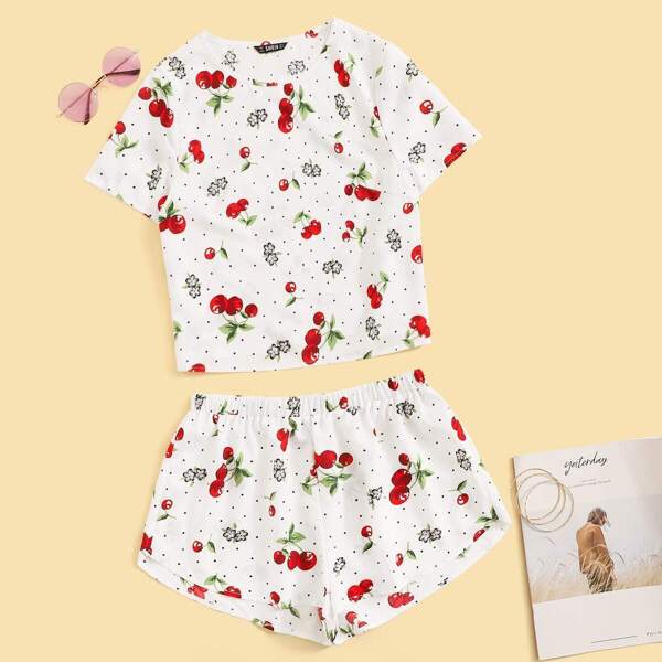 

Cherry and Floral Print Tee and Shorts Set, White