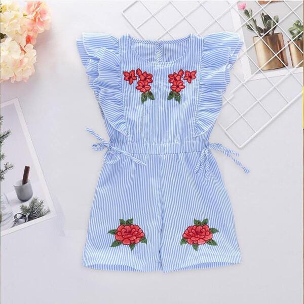 

Toddler Girls Floral Embroidery Tie Side Striped Playsuit, Blue