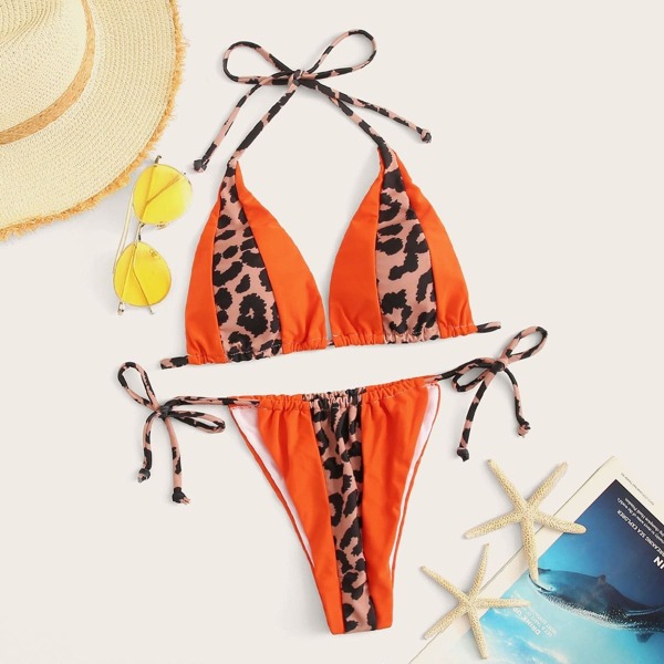 

Contrast Leopard Halter Top With Tie Side Bikini