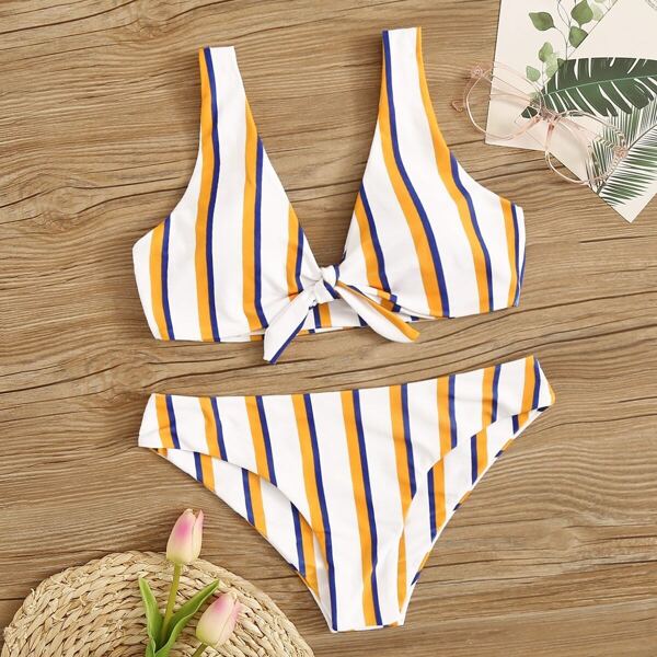 

Knot Front Striped Bikini Set
