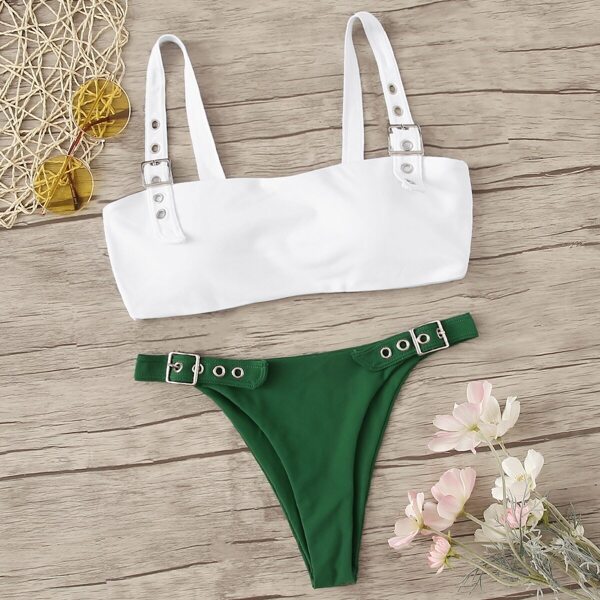 

Eyelet Buckle Top With High Leg Bikini Set