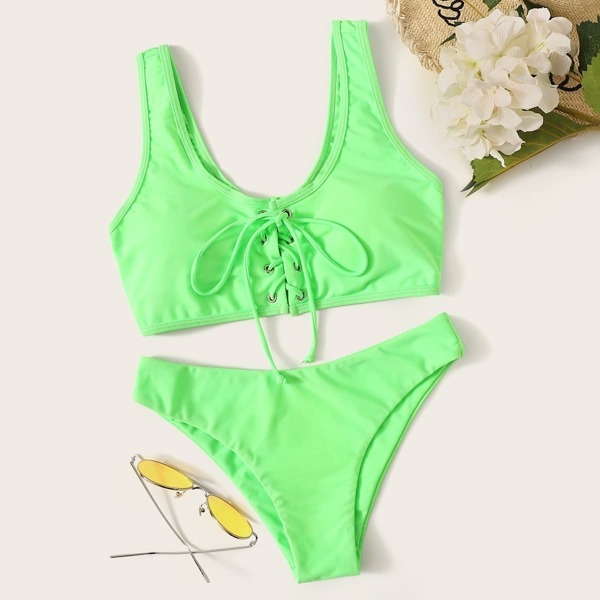 

Neon Lime Lace-Up Top With Panty Bikini Set
