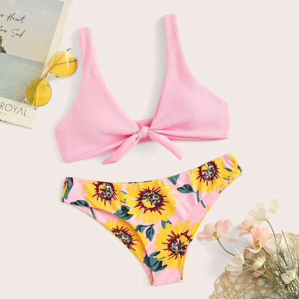 

Knot Front Top With Floral Panty Bikini Set