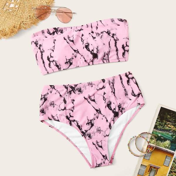

Marble Print Bandeau With High Waist Bikini Set, Pink pastel