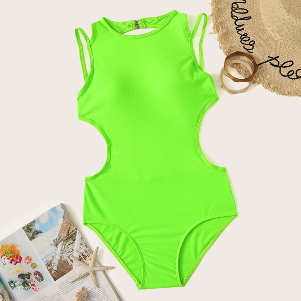 

Neon Green Open Back One Piece Swimwear, Green bright