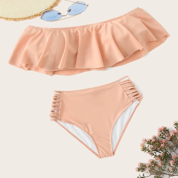 

Off The Shoulder Top With Ladder Cutout Bikini, Pink pastel