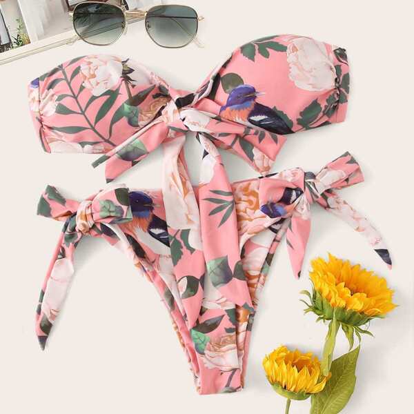 

Floral Ruched Bandeau With Tie Side Bikini