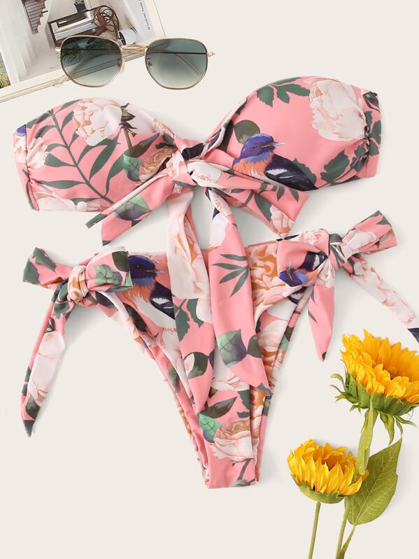 

Floral Ruched Bandeau With Tie Side Bikini, Pink