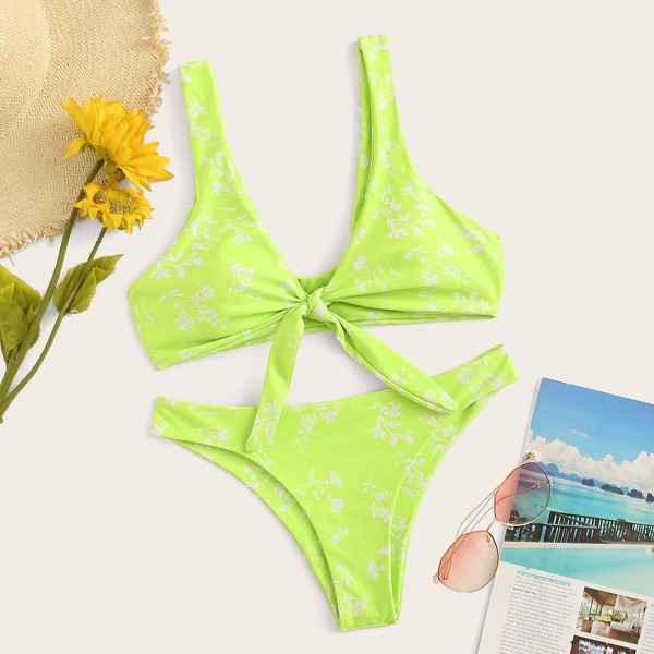 

Neon Lime Floral Knot Front Bikini Set, Green bright
