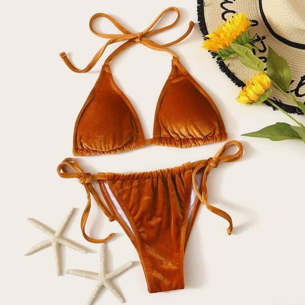 

Velvet Triangle Halter Top With Tie Side Bikini Set